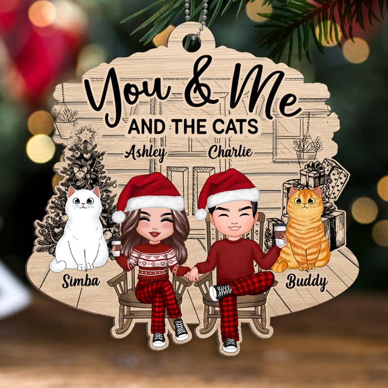 Couple And Fluffy Cats Front Porch Personalized Christmas Wooden Ornament