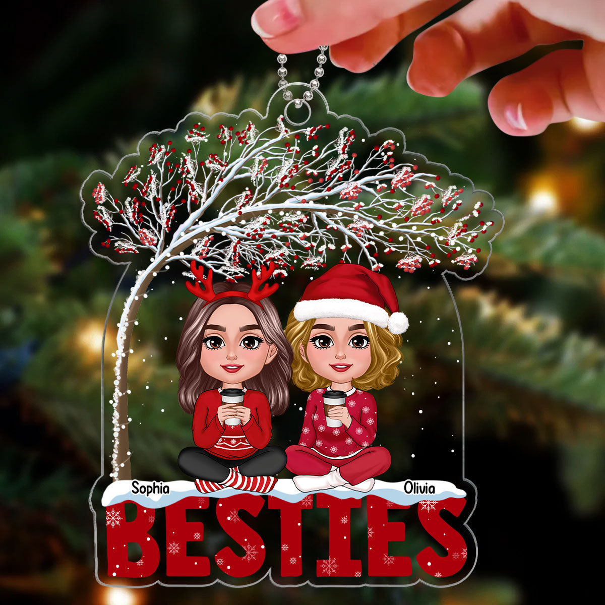 Besties Sisters Sitting Under Berry Tree Personalized Custom Shape Acrylic Ornament