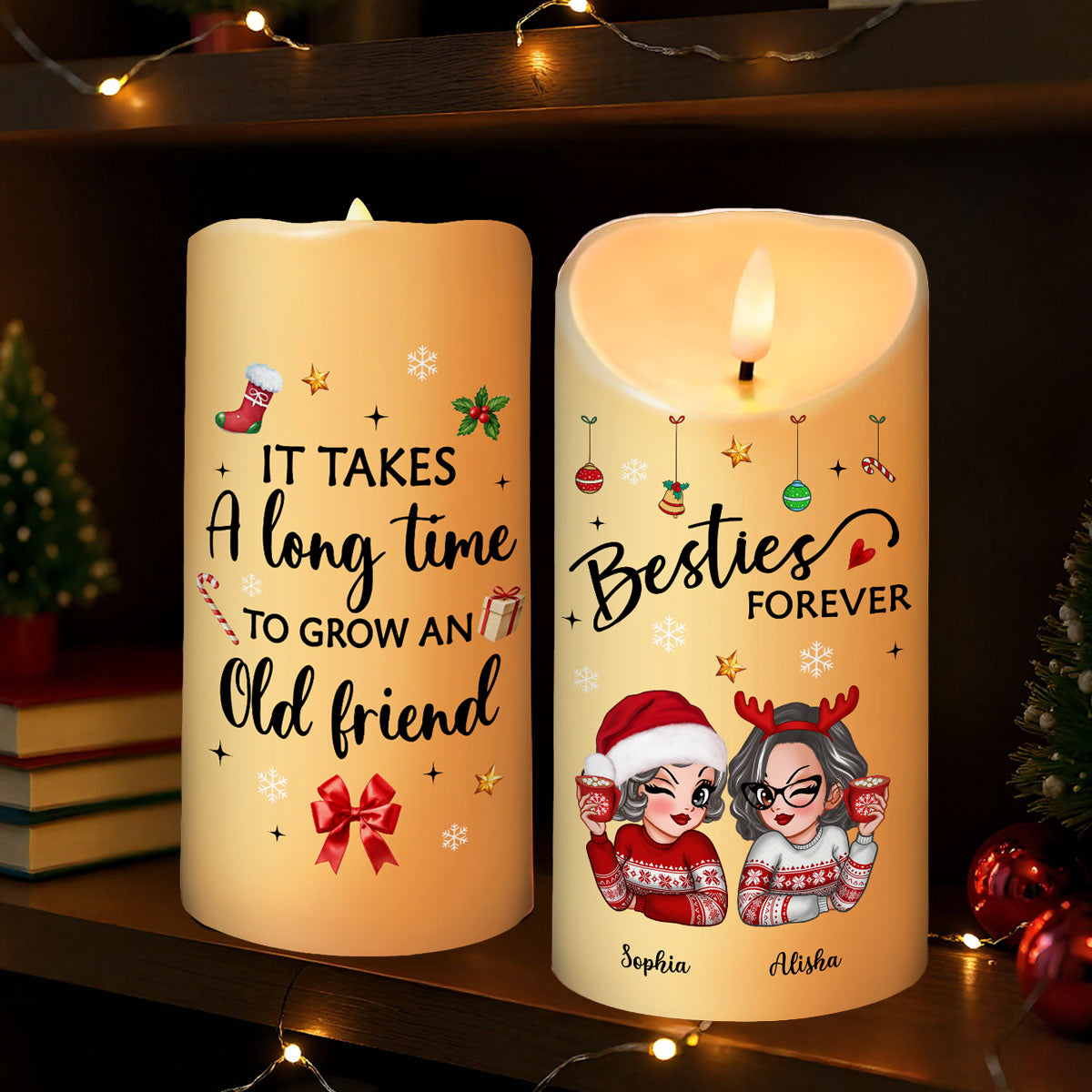 Christmas Besties It Takes A Long Time To Grow Old Friends Personalized LED Candle