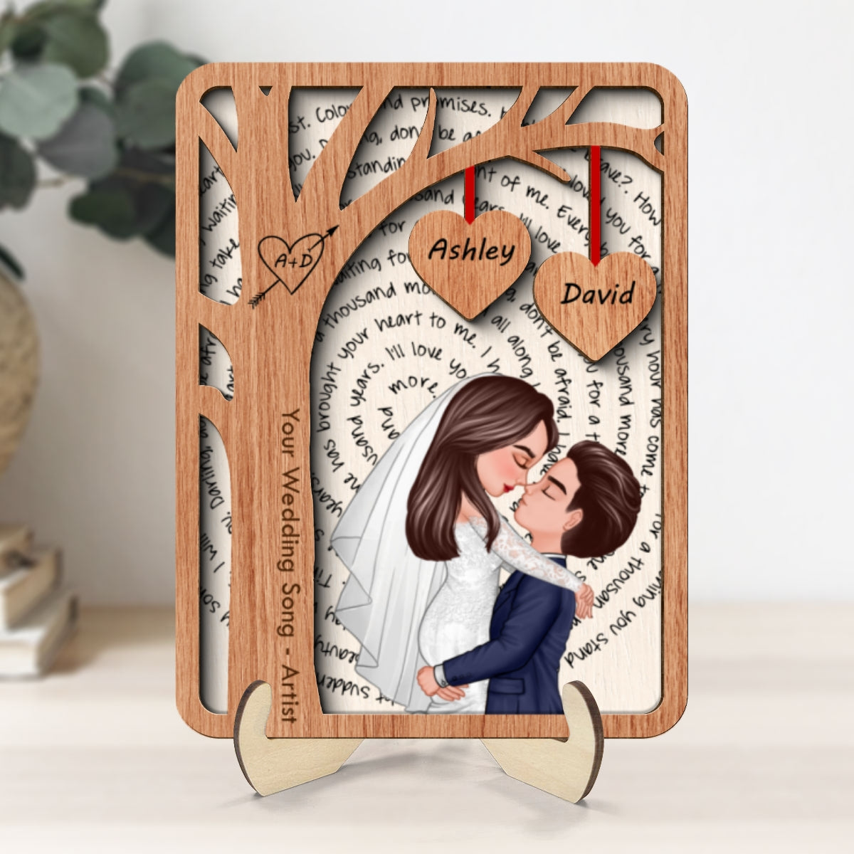 Couple Kissing Under Tree Custom Vinyl Lyrics Personalized Music 2-Layered Wooden Plaque, Wedding Song Dance,  Gift for her & for him