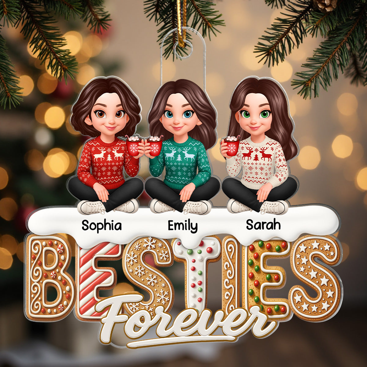 3D Effect Gingerbread Besties Forever - Personalized Acrylic Ornament - Gift For Besties