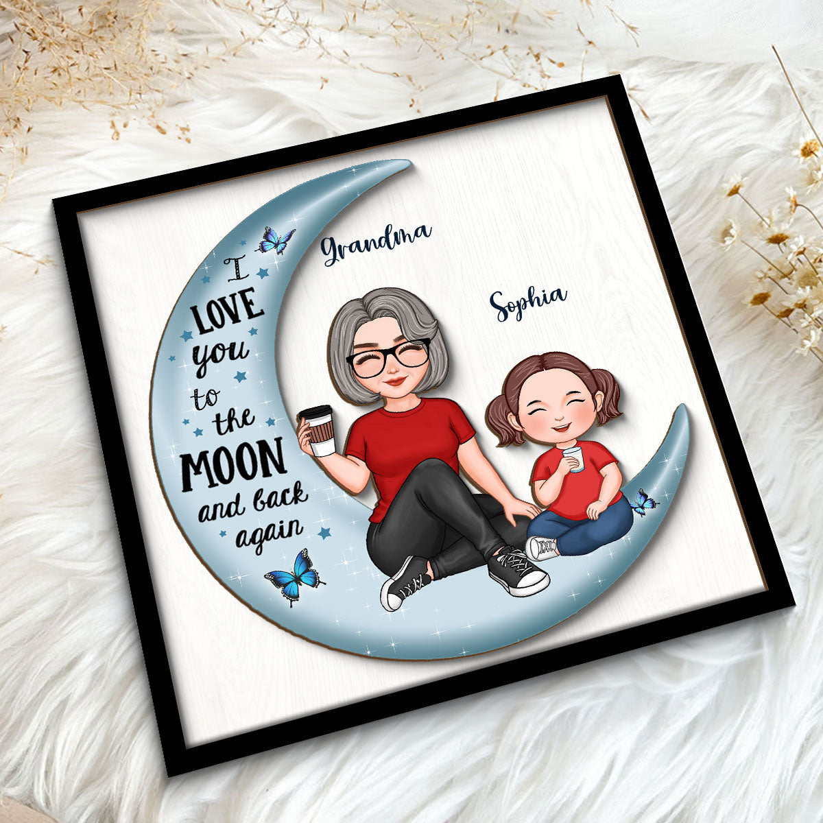 Cute Grandma & Grandkid On Moon Gift For Granddaughter Grandson Grandma Personalized 2-Layer Wooden Plaque