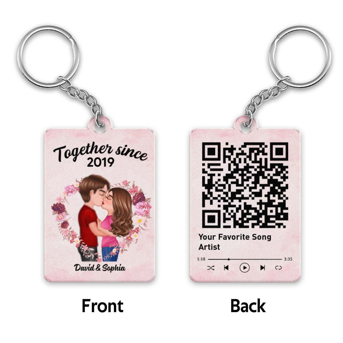 Couple Kissing Floral Heart Favorite Song QR Code Personalized Acrylic Keychain