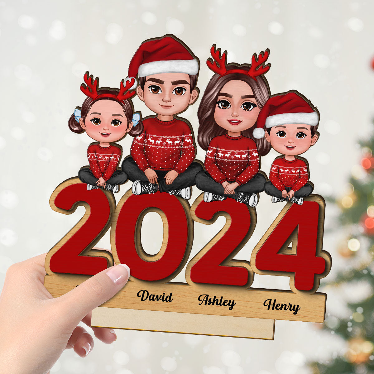 Family Sitting On 2024 Personalized 2-Layer Standing Wooden Plaque, Christmas Tier Tray Decoration