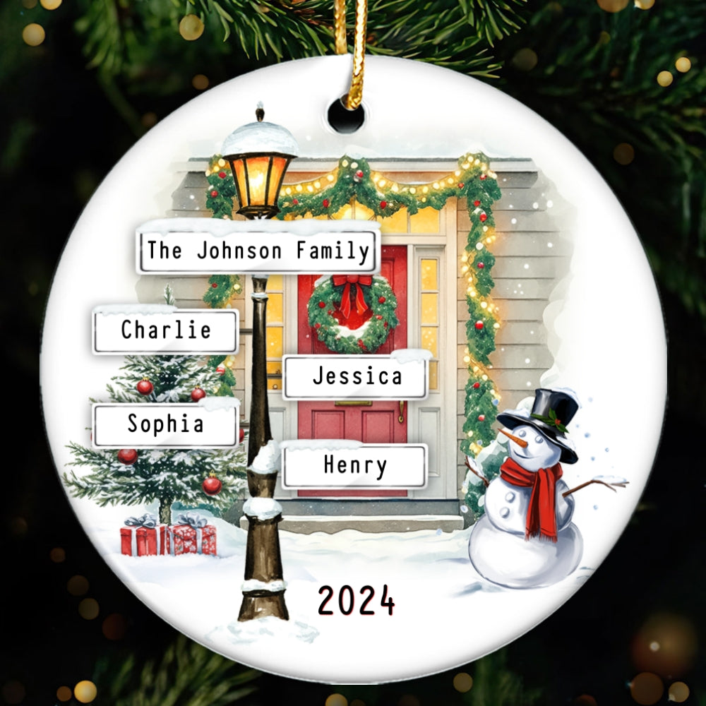 Family Christmas Street Lamp Directional Signs Personalized Ceramic Ornament, Christmas Gift For Family
