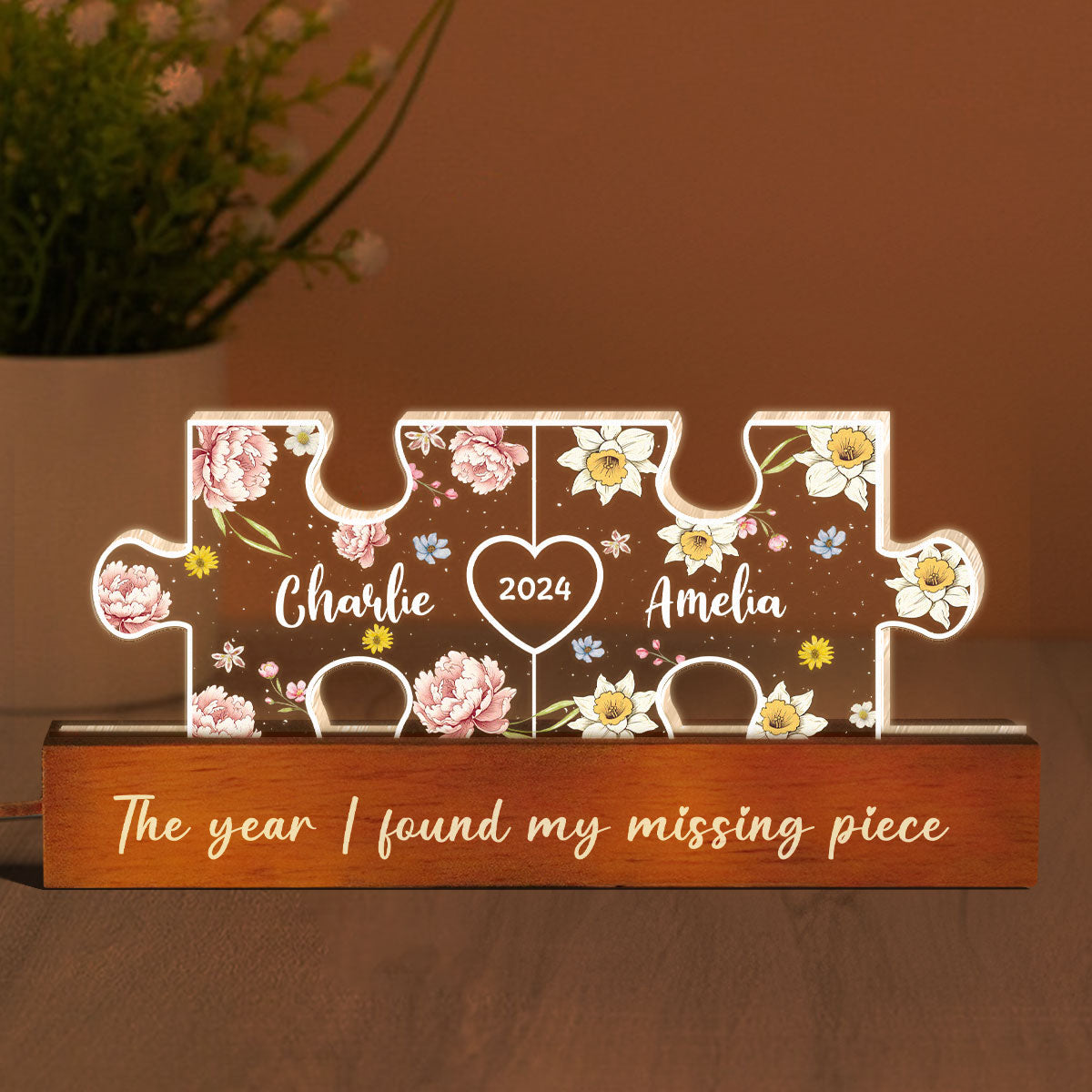 Couple Puzzle Birth Month Flower Theme Anniversary Gift Personalized Acrylic LED Night Light, Heartfelt 2025  Gift, Anniversary Gift For Her, For Girlfriend, For Wife