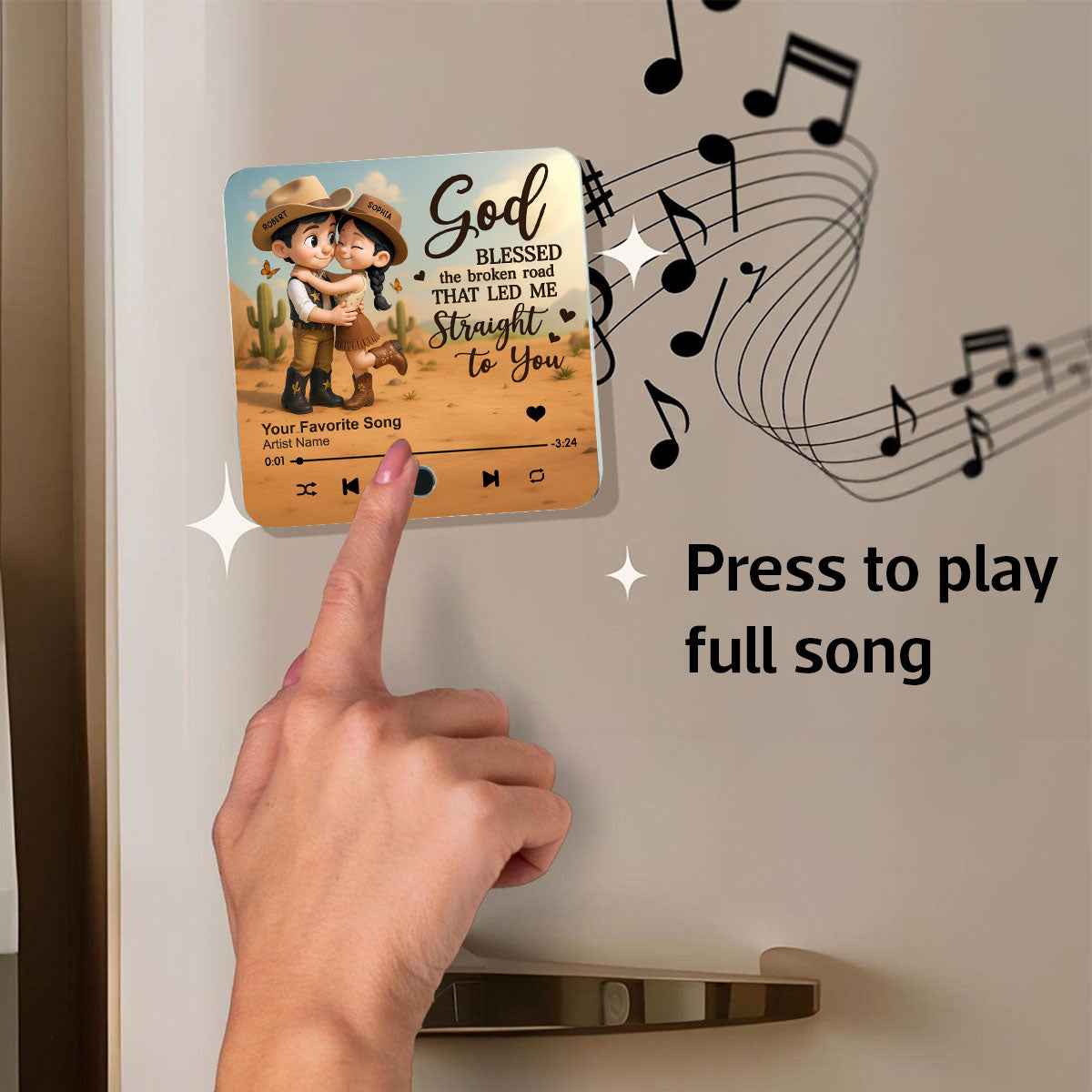 Favorite Place Is Next To You Cartoon Style Countryside Couple Cowboy Cowgirl Personalized Music Fridge Magnet