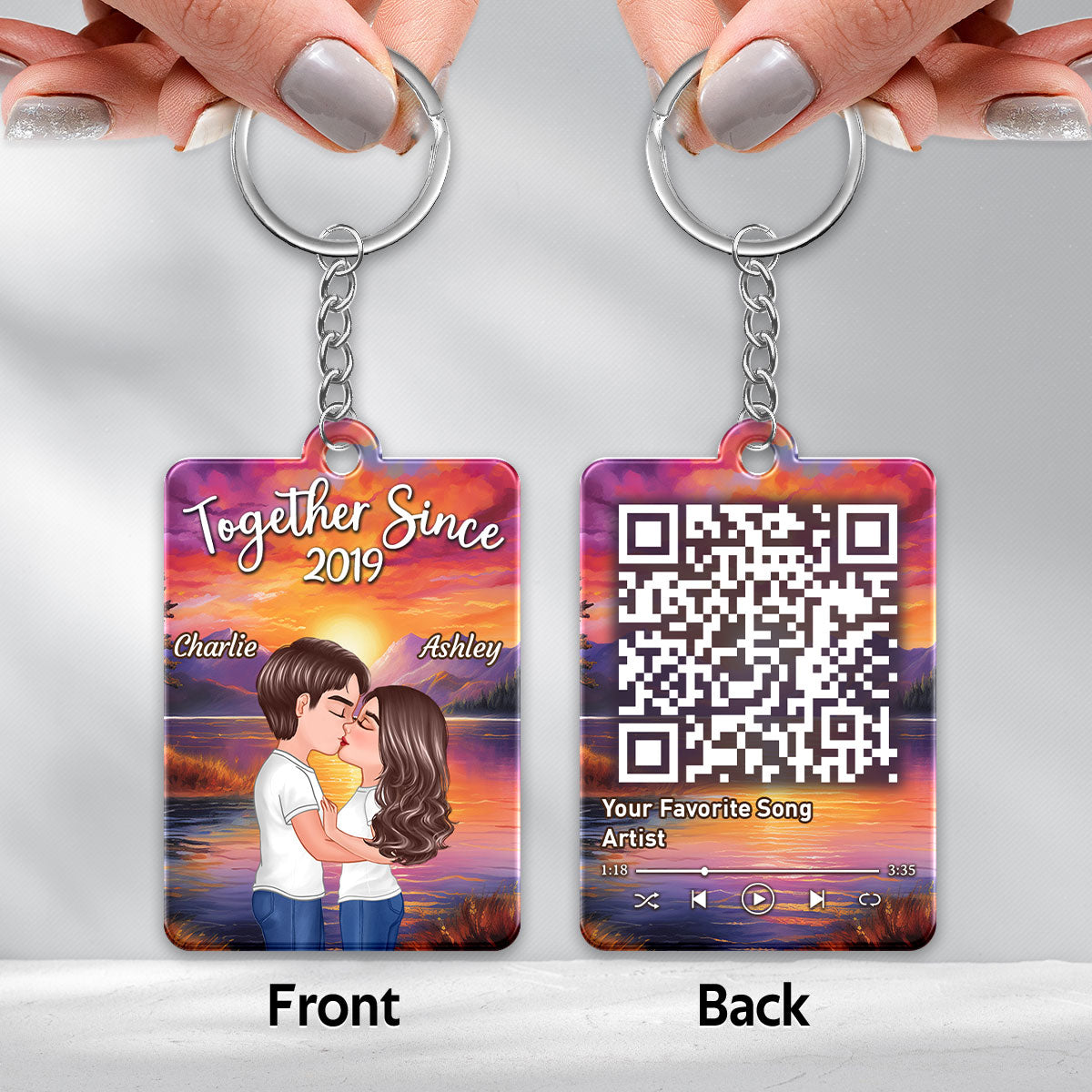 Sunset Lake Beach Couple Kissing Favorite Song QR Code Personalized Acrylic Keychain