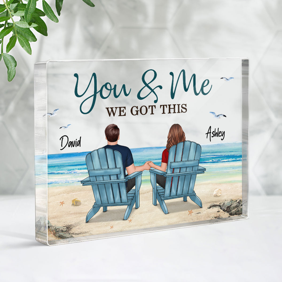 Back View Couple Sitting Beach Landscape Personalized Rectangle Acrylic Block Plaque