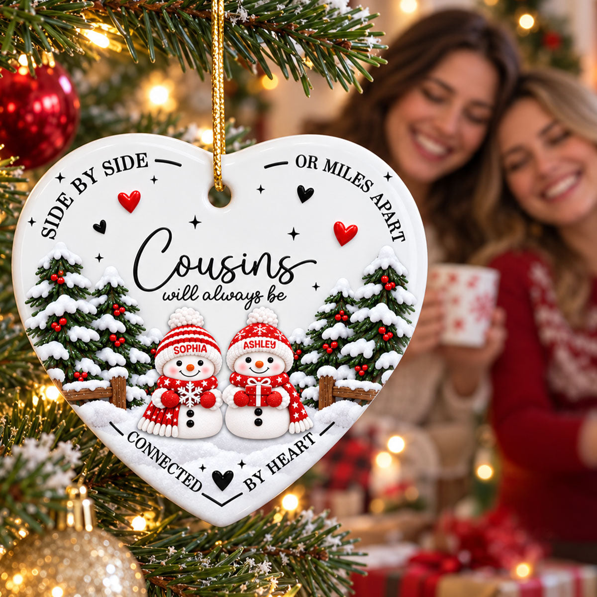 Cousins Connected By Heart - Personalized Ceramic Ornament - Christmas Gift For Cousins, Family