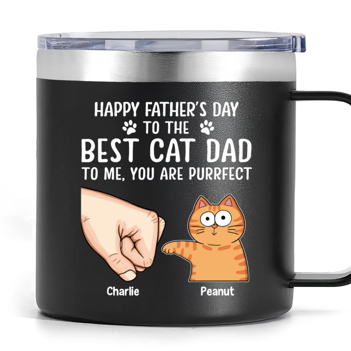 Happy Father‘s Day Fist Bump Funny Cute Cats Personalized Stainless Steel Tumbler With Handle, Gift For Cat Dad