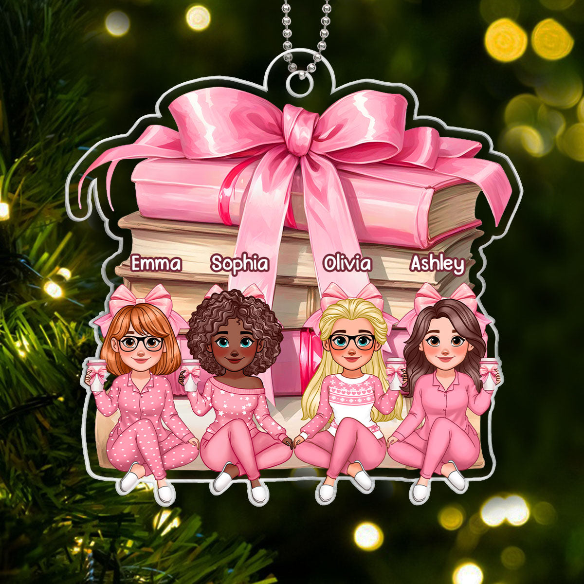 Coquette Stack of Book Besties Sitting Personalized Acrylic Ornament, Gift for Book Lovers