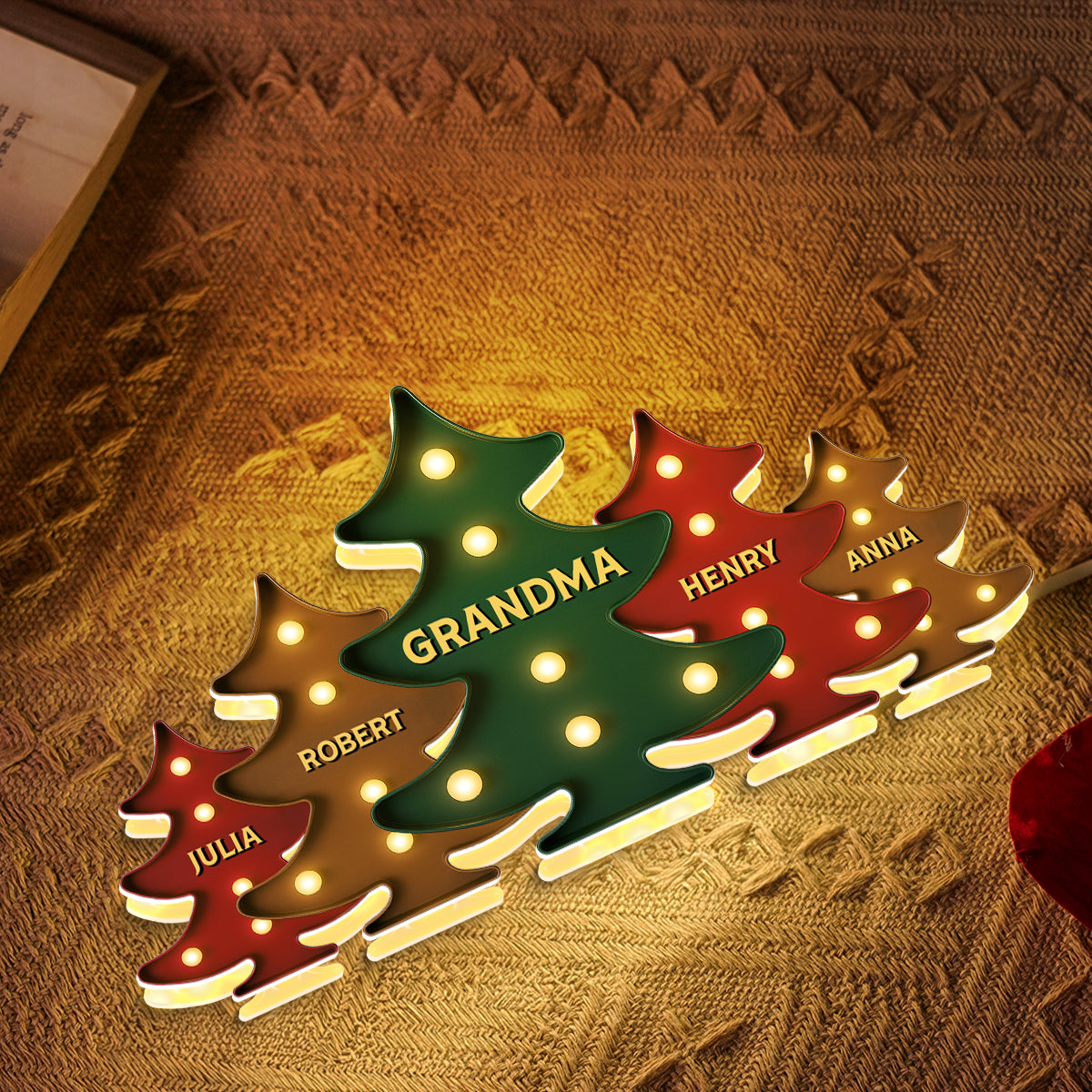 3D Effect Retro Vintage Christmas Tree Grandma Grandkids - Personalized Light Box - Gift For Grandmas