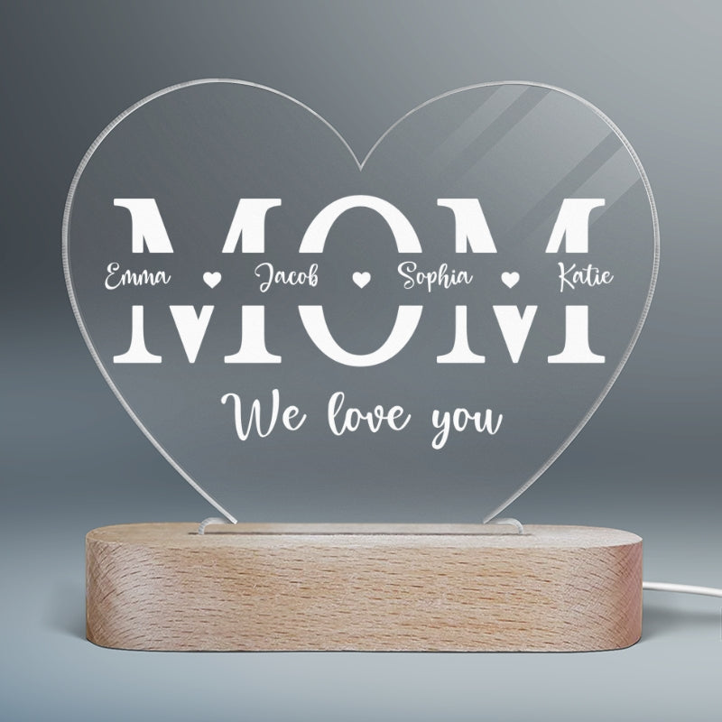 We Love You Mom Children Names Personalized Heart Plaque With LED Night Light - Acrylic LED Lamp - Mother‘s Day Gift, Birthday Gift For Mom