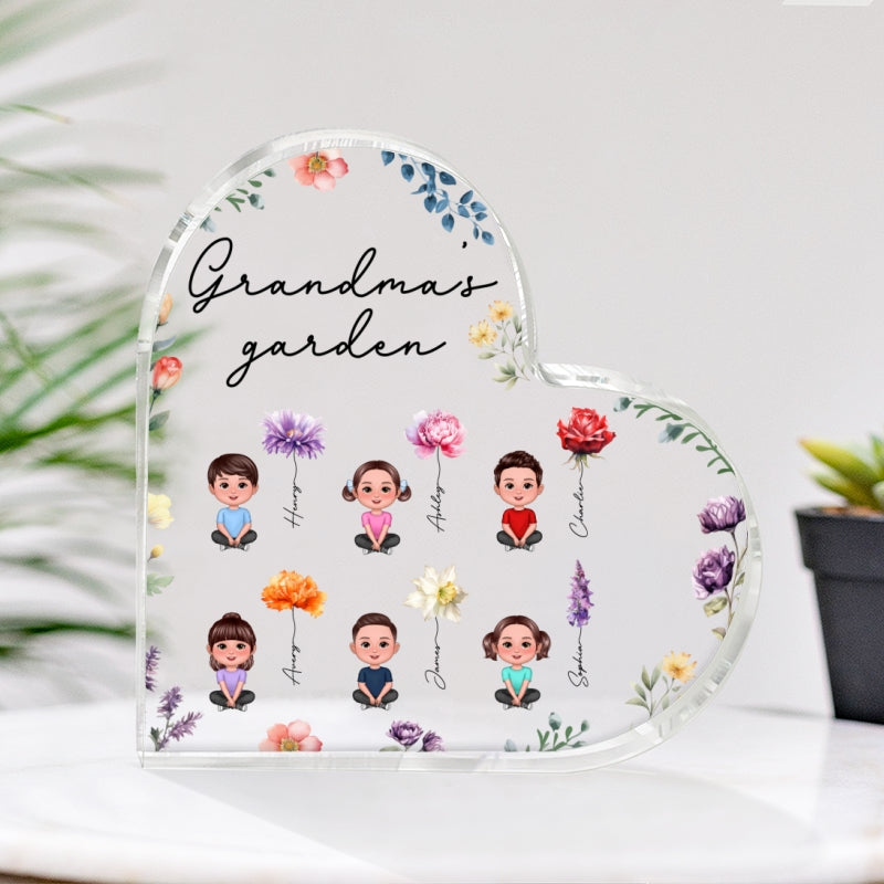 Grandkids Sitting Crossed Legs Watercolor Birth Month Flowers Personalized Heart Acrylic Block