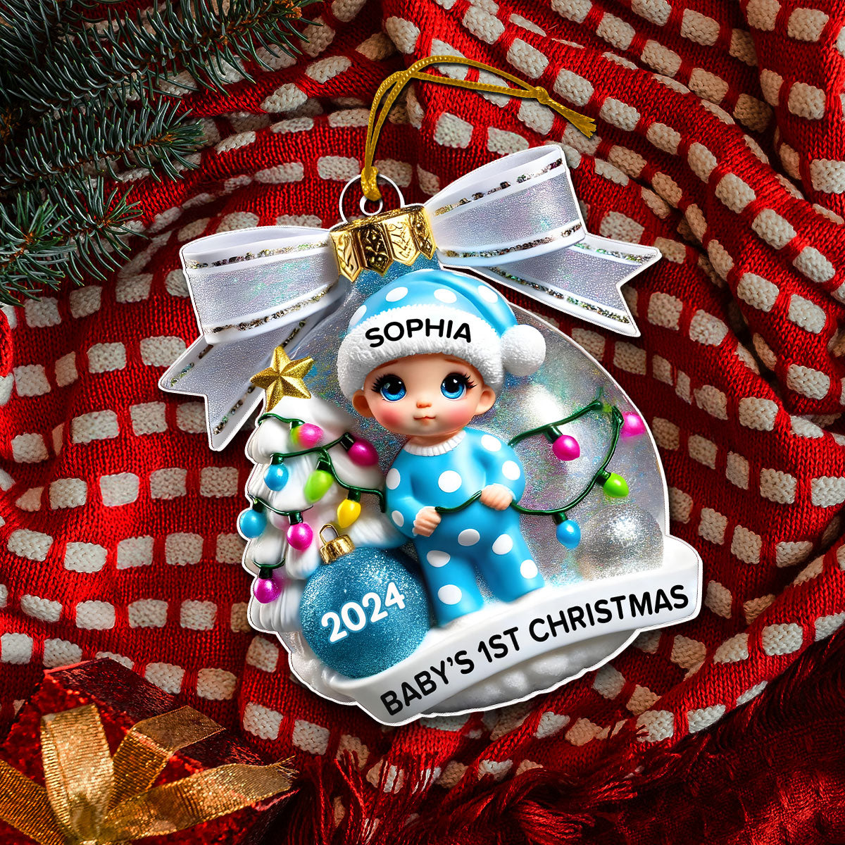 Baby First Christmas 3D Effect Personalized Acrylic Ornament, Christmas Tree Bow, New Parents Keepsake, Gift for Newborn