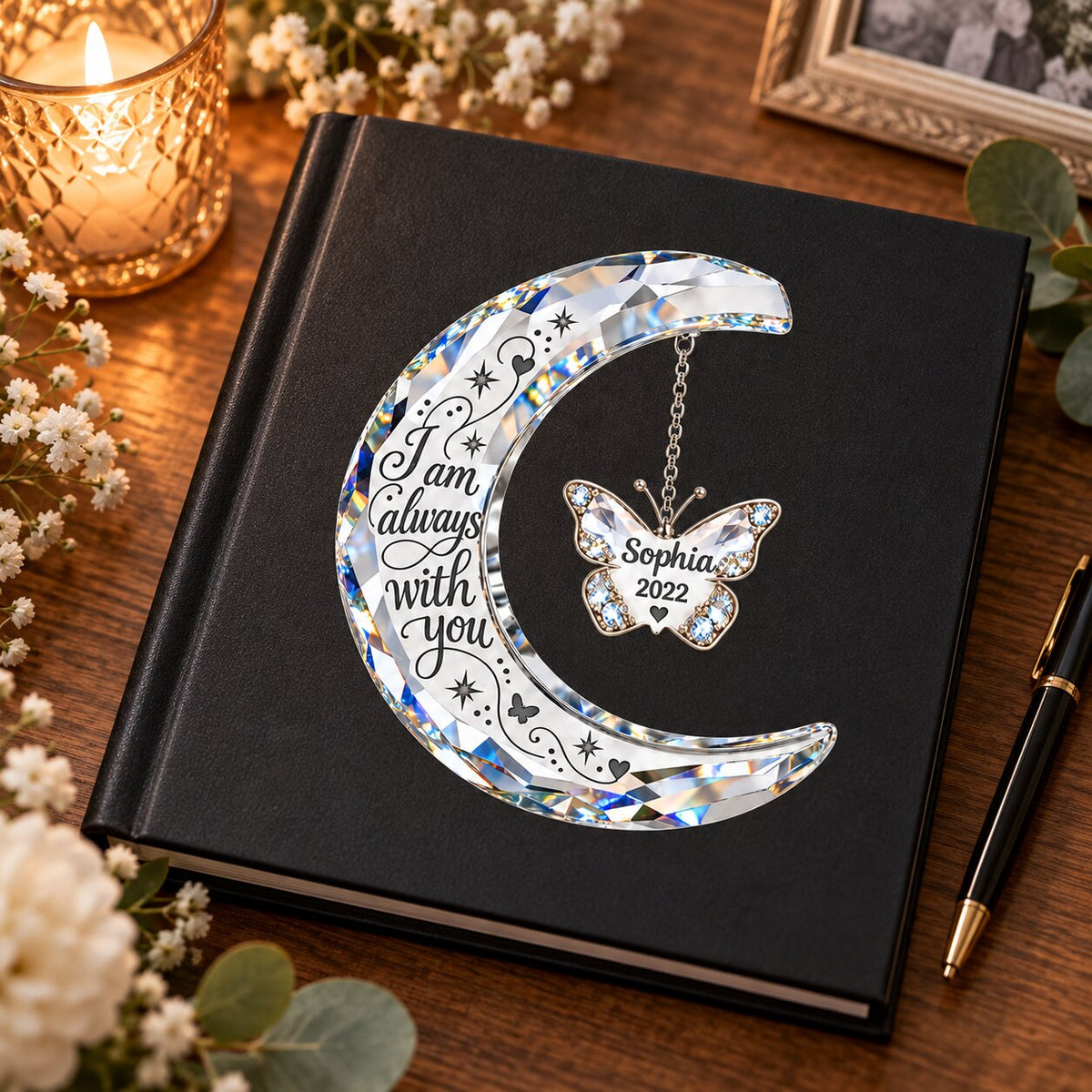 Always With You Memorial Crystal Moon & Butterfly Ornament 2D Flat - Personalized Decal - Sympathy Gift