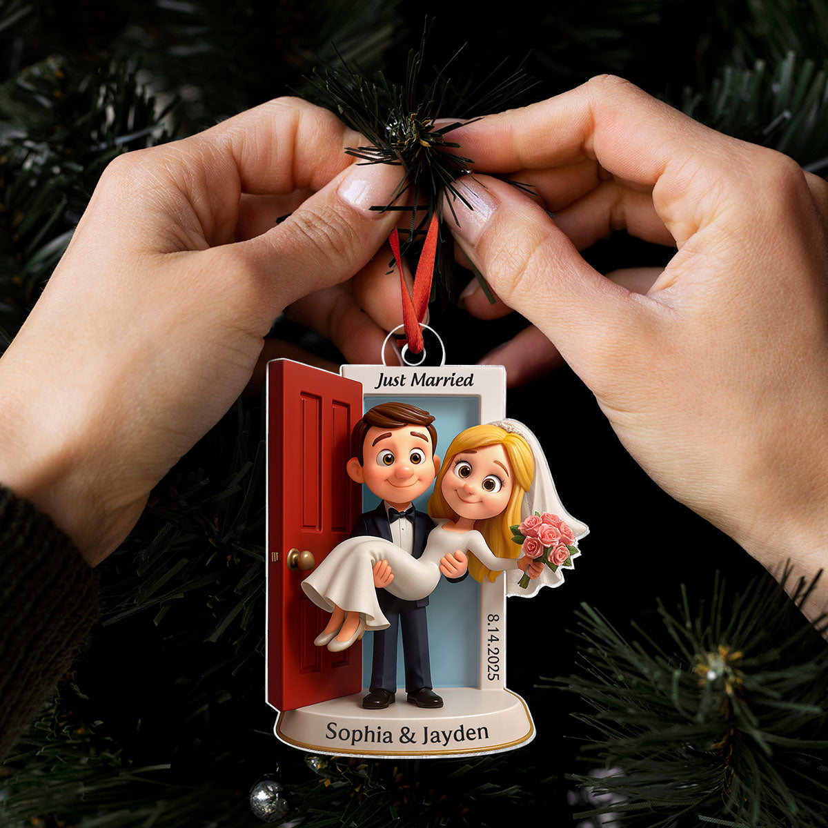 Personalized Our First Christmas Married Ornament | Customized Wedding Couple Threshold, Groom Carrying Bride | Just Married Newlyweds Marriage Keepsake