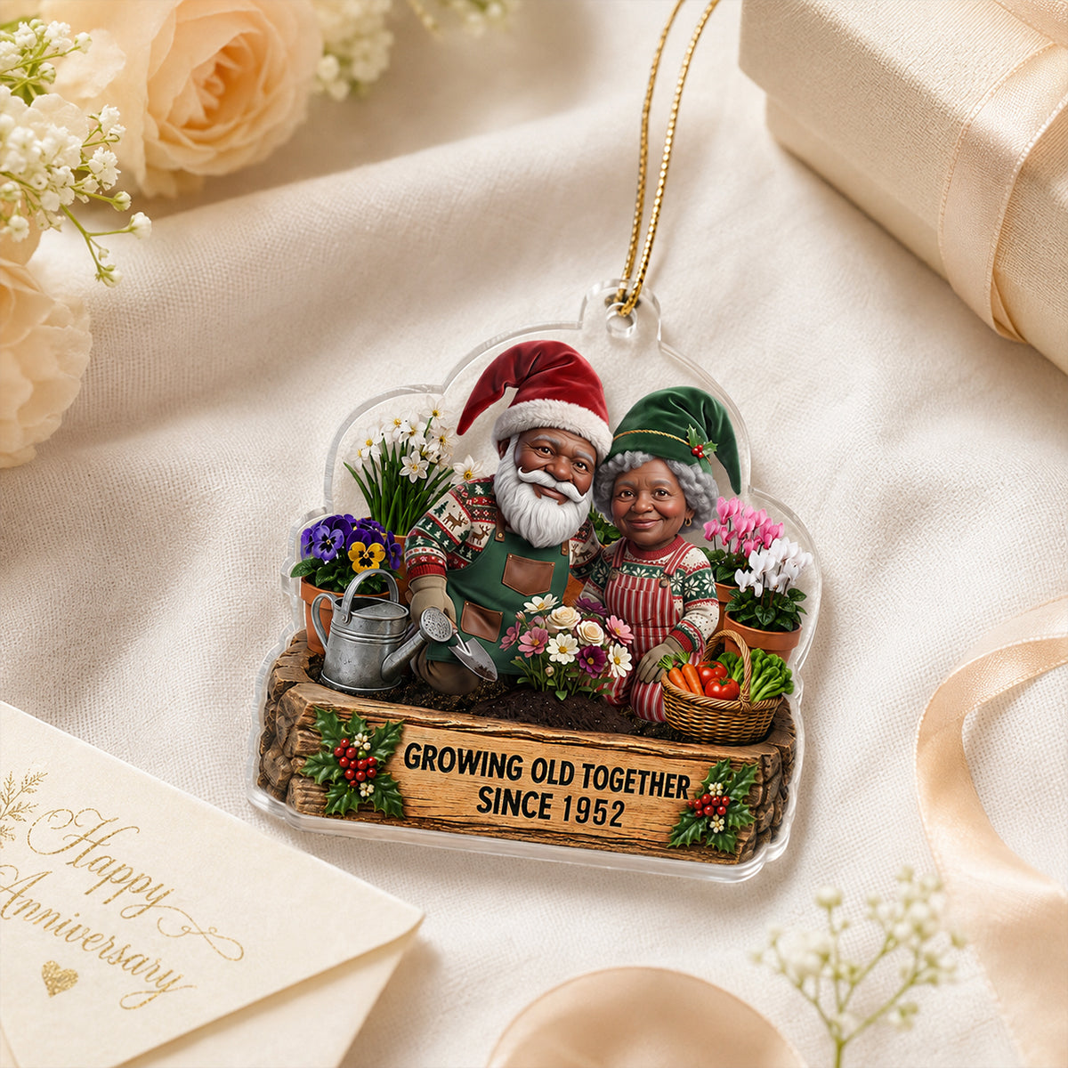Garden Gnome Couple Growing Old Together - Personalized Acrylic Ornament - Christmas Gift for Him, for Her