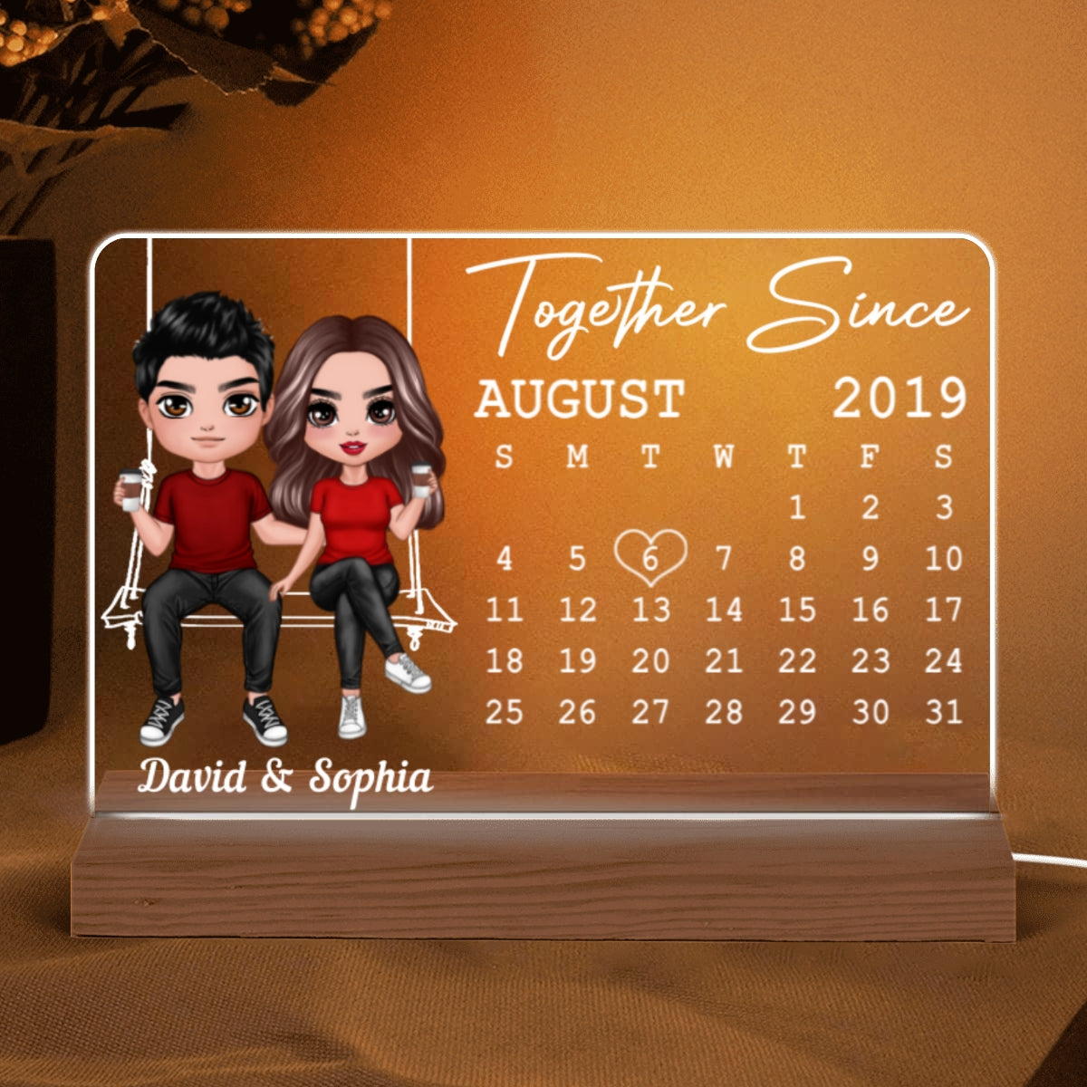 Doll Couple On Swing Anniversary Date Calendar Rectangle Personalized Custom Shape Acrylic Plaque With LED Night Light - Anniversary Gift For Couple - Gift For Him - Gift For Her