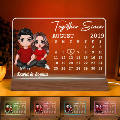 Doll Couple Embracing Sitting Anniversary Date Calendar Rectangle Personalized Custom Shape Acrylic Plaque With LED Night Light - Anniversary Gift For Couple - Gift For Him - Gift For Her