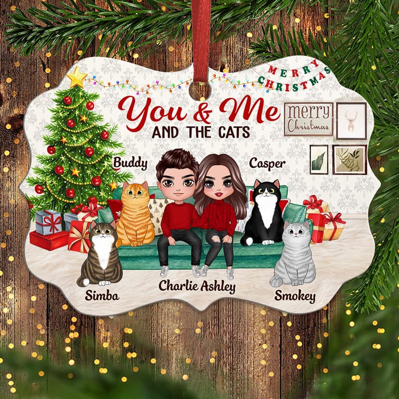 Couple And Cats Sitting On Sofa Personalized Christmas Ornament