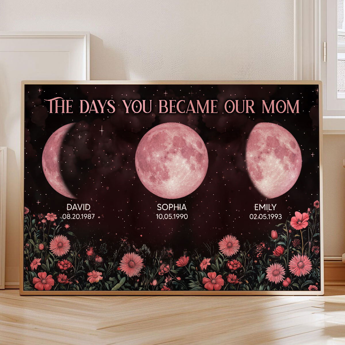 Vintage Flowers The Days You Became Our Mom Pink Birthday Moon Phase Personalized Poster