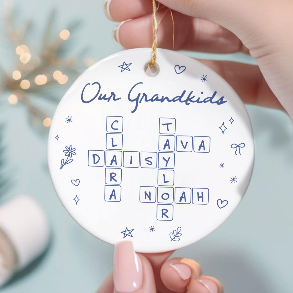 Our Grandkids Line Art Doodle Things Crossword Puzzle Art Gift For Grandma Personalized Ceramic Ornament