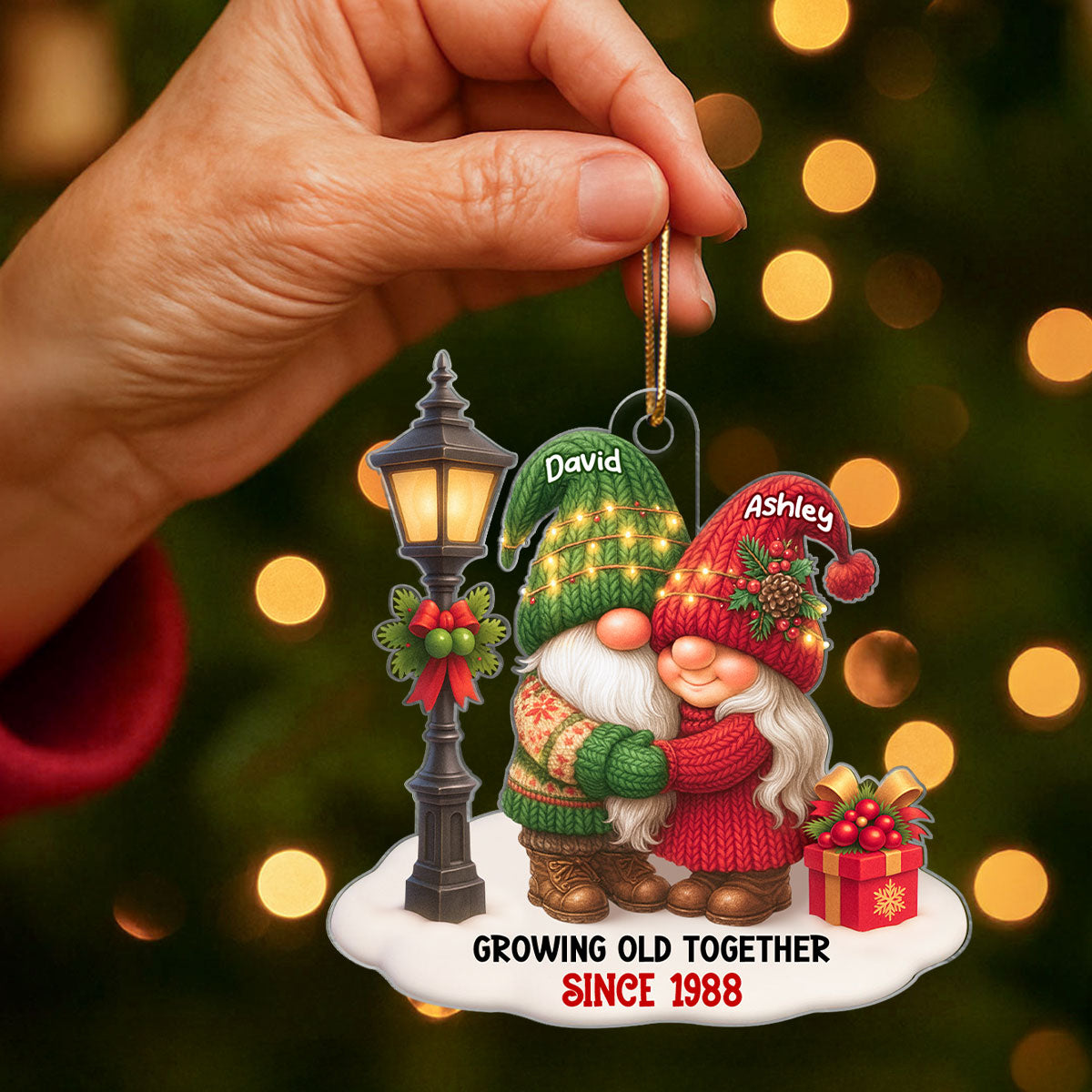 Gnome Christmas Couple Growing Old Together Personalized Acrylic Ornament, Gift for him, for her