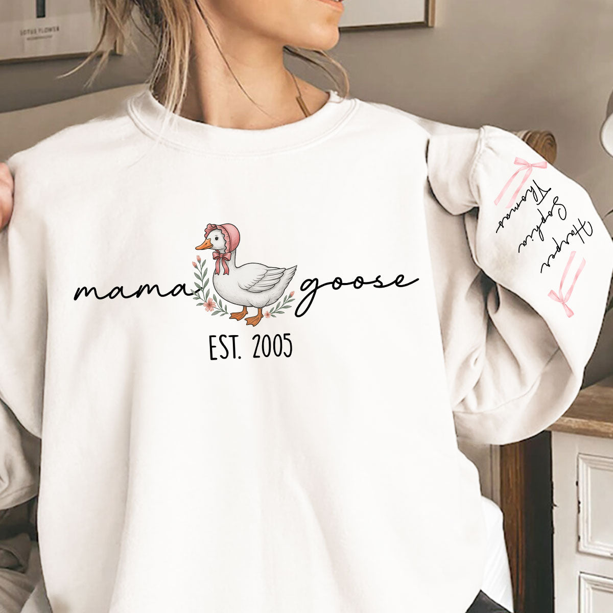 Mama Goose Est. Personalized Sleeve Printed Sweatshirt, Gift For Mom, Grandma