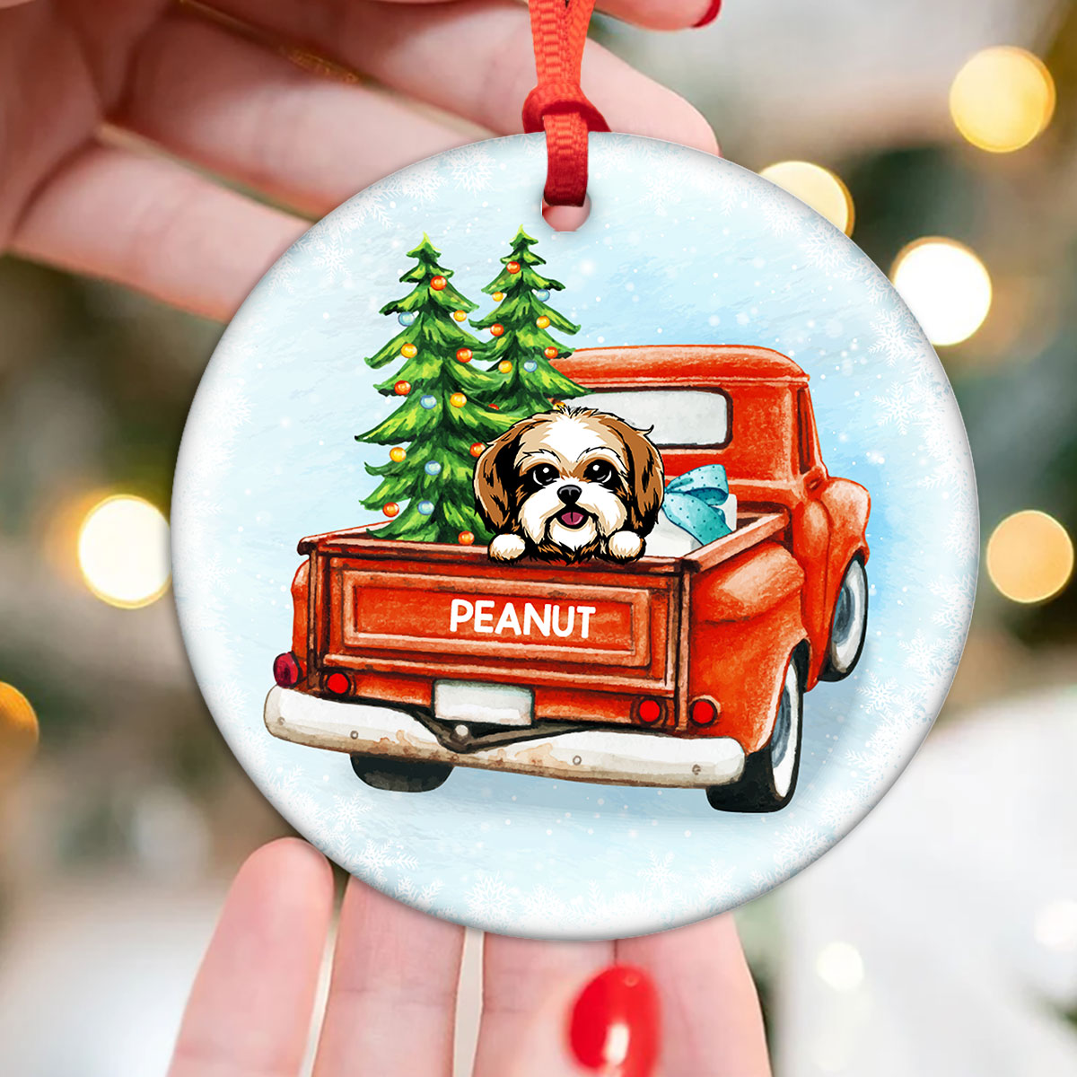 Peeking Dogs Red Truck Christmas Personalized Circle Ornament