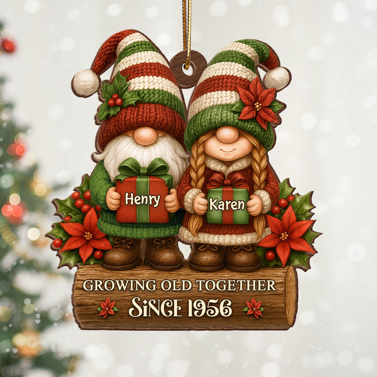 Gnome Couple Growing Old Together - Personalized Wooden Ornament - Christmas Gift for Husband, Wife