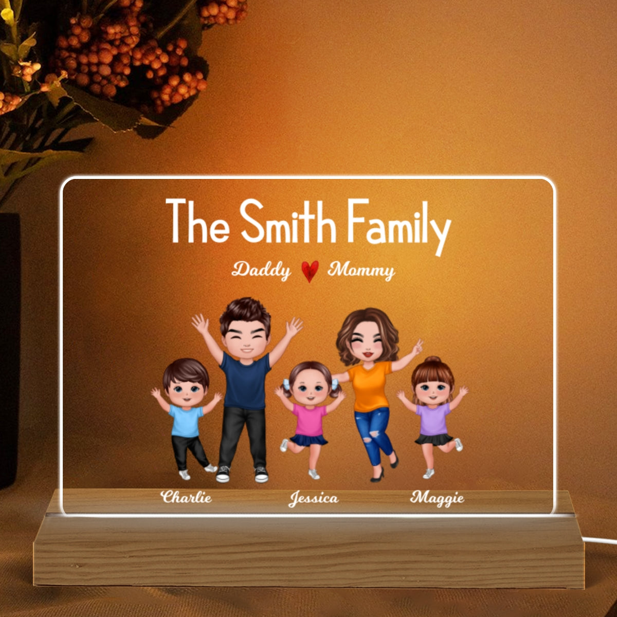 Happy Whole Family Doll Couple Dad Mom Kids Dogs Cats Personalized Warm Custom Shape Acrylic Plaque LED Night Light