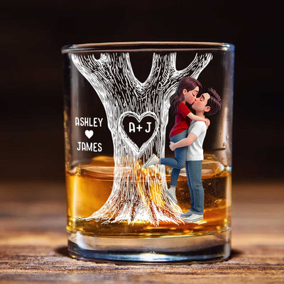 Eternal Love Couple Hugging Kissing Tree Of Love - Personalized Whiskey Glass, Wine Glass - Heartfelt Valentine, Anniversary Gift For Him, For Her
