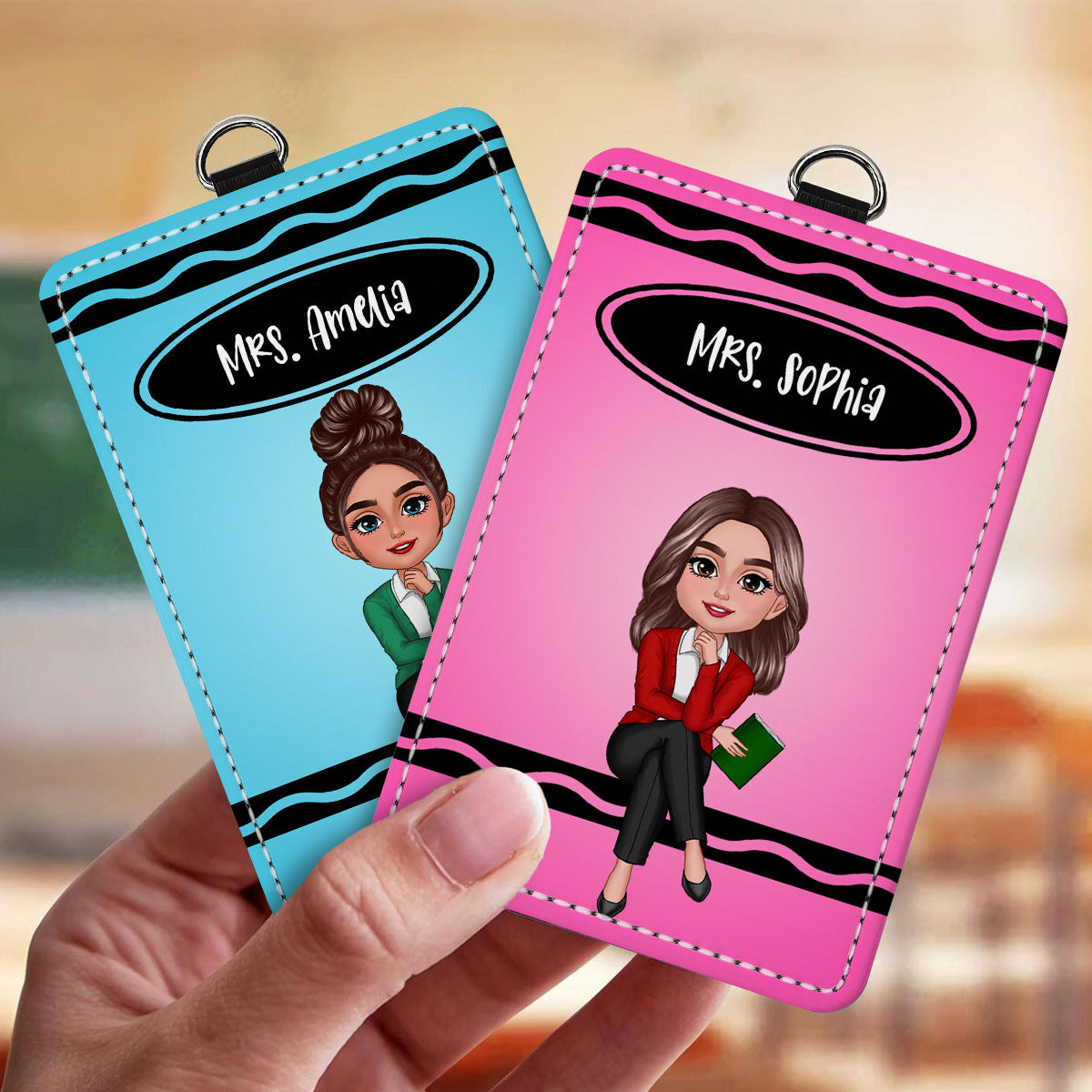 Crayon Themed Teacher Sitting Personalized ID Badge Holder, Back To School Gift