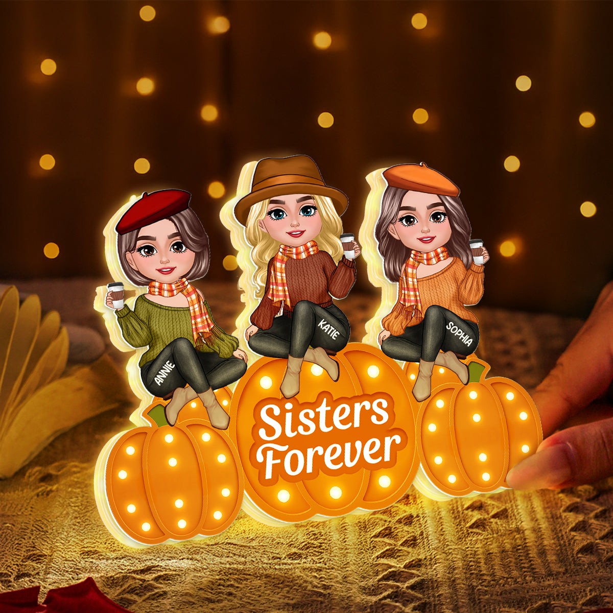 Fall Season Sisters On Marquee Pattern Texture Pumpkins Personalized LED Light Box