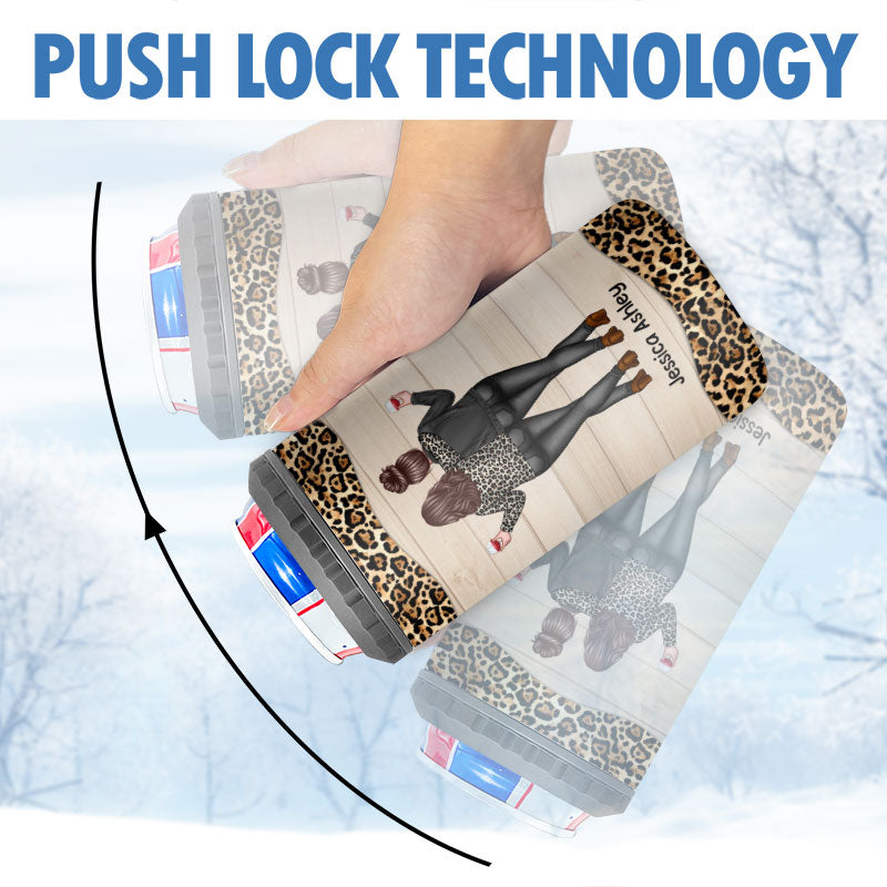 Back View Besties Leopard Personalized Multiple Use 4 In 1 Can Cooler Tumbler