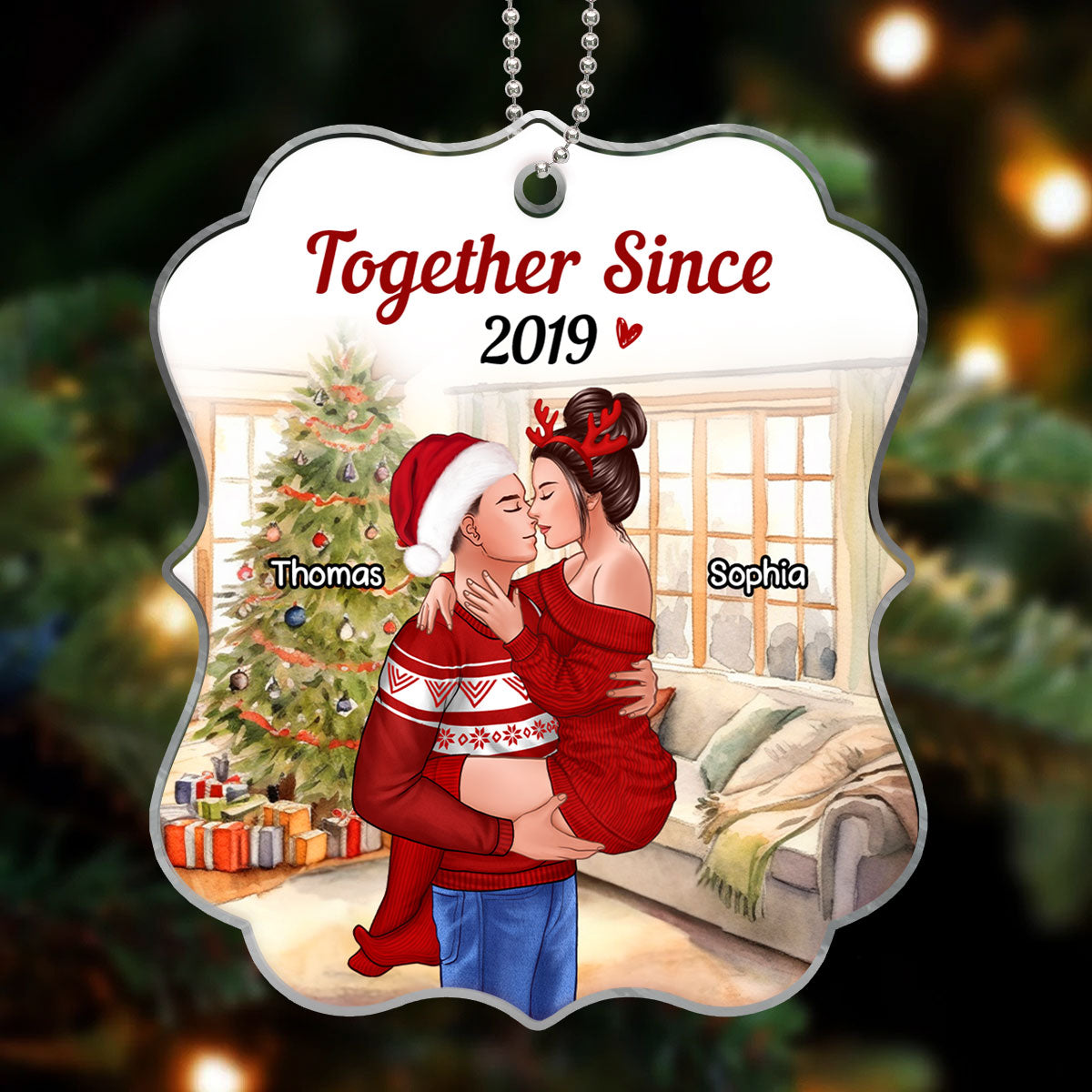 Couple Man Holding Woman Kissing Christmas Personalized Acrylic Ornament