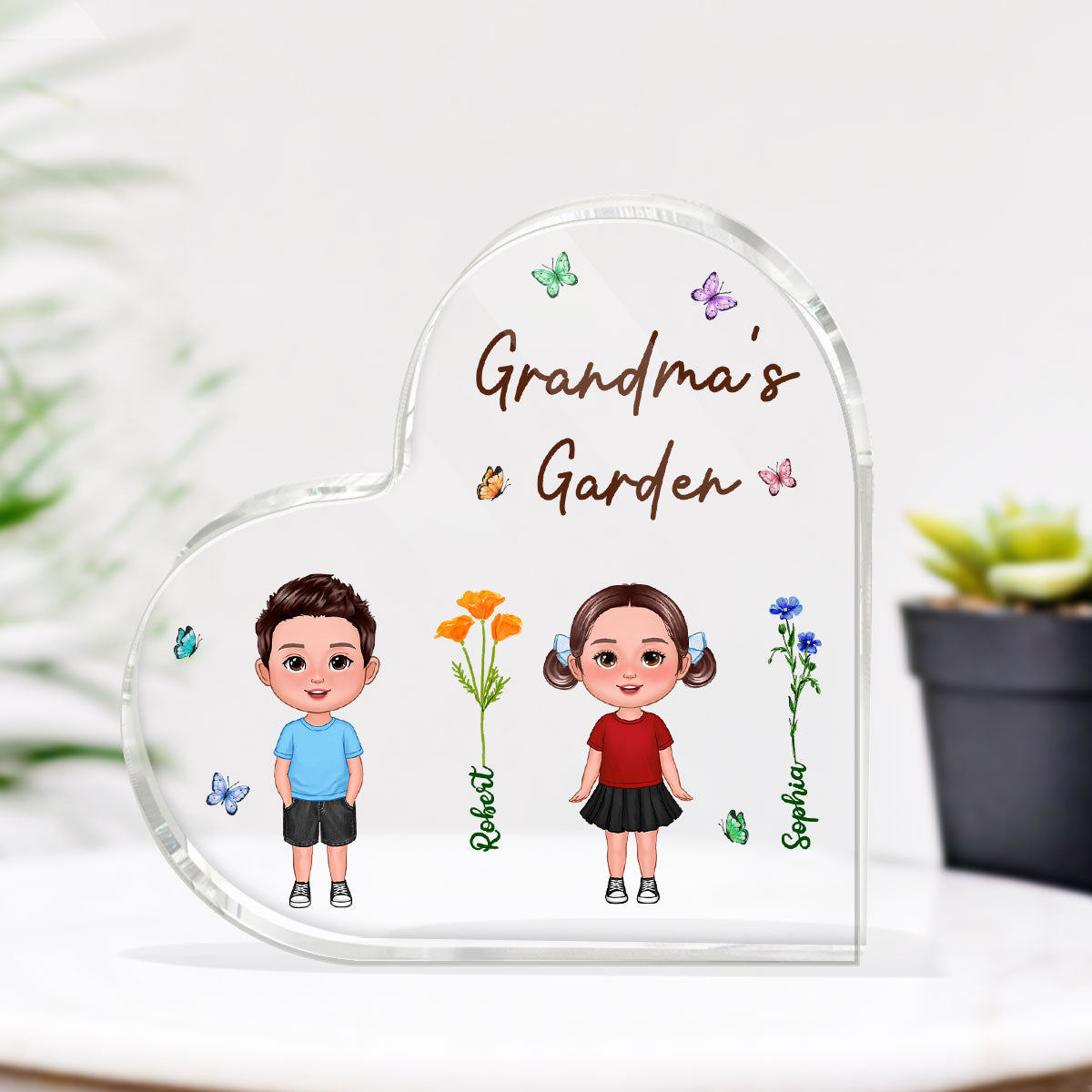 Grandma's Garden Doll Kids Standing Personalized Acrylic Heart Plaque