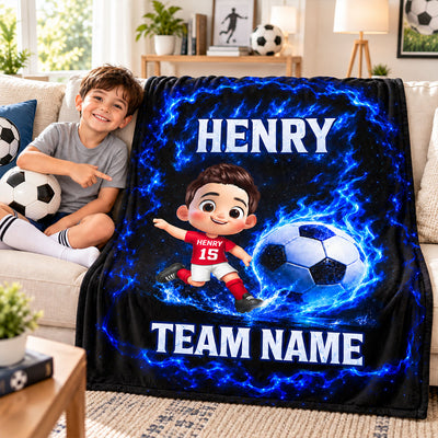Cute Kid Soccer Player Custom Name And Team Name - Personalized Fleece Blanket - Christmas Gift For American Football Players, Grandson, Son, Daughter, Granddaughter