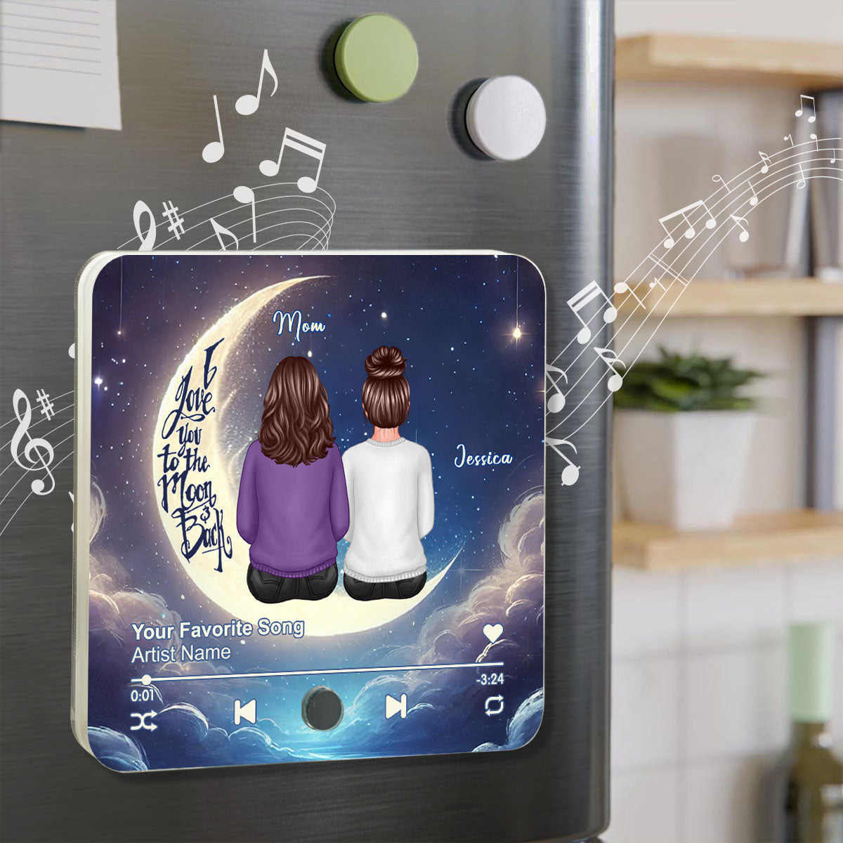 Mom & Daughter Sitting On The Moon Personalized Music Fridge Magnet, Perfect 2025 Gift For Mom