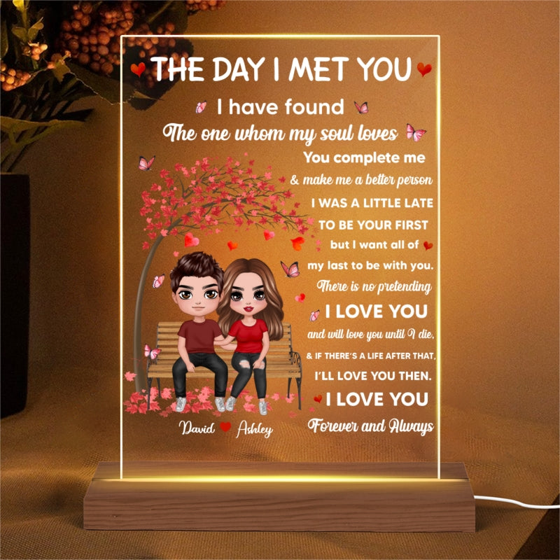 The Day I Met You Couple Personalized Plaque LED Night Light, Acrylic LED Lamp, Valentine‘s Day Gift For Him, For Her