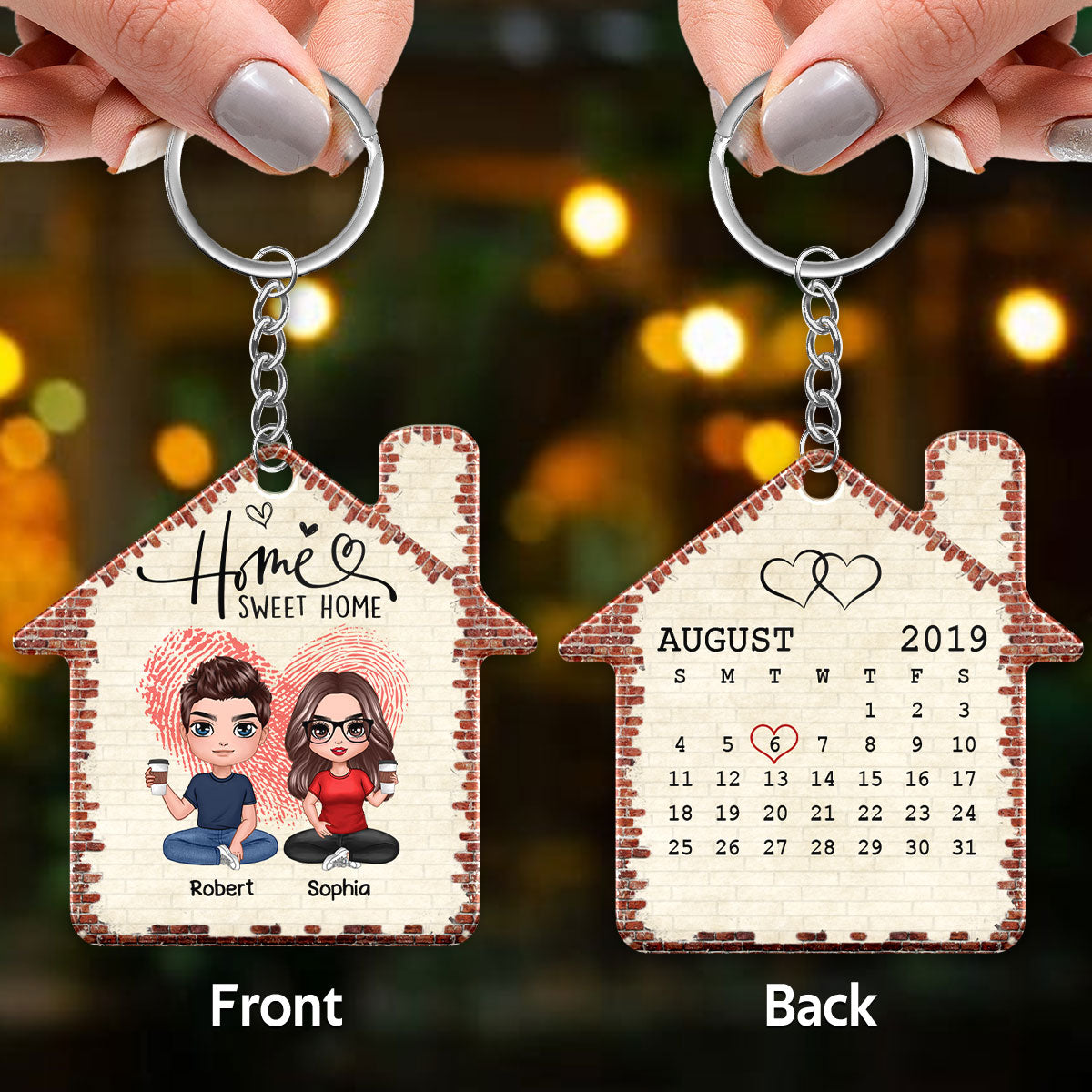 Home Sweet Home Doll Couple Sitting Fingerprint Heart Calendar Date Personalized Acrylic Keychain