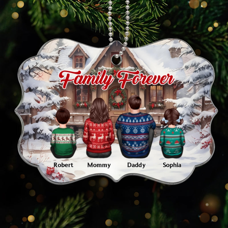 Snow House Back View Family Sitting Personalized Acrylic Ornament