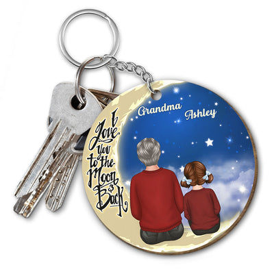 Grandma Grandkids Sitting On Moon Personalized Wooden Keychain
