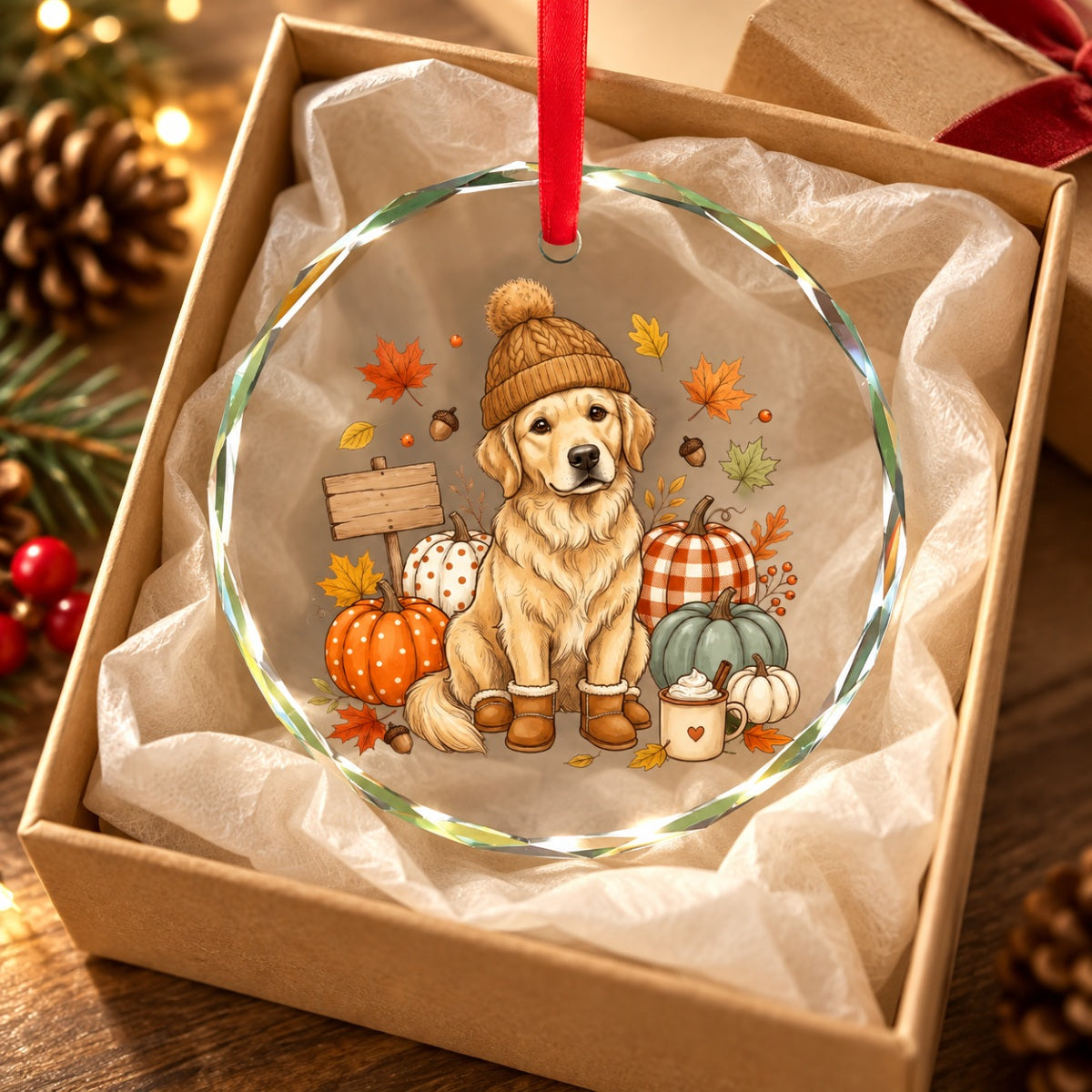 Custom Dog Photo Pumpkin Patch - Personalized Glass Ornament - Fall Gift for Dog Moms, Cat Moms, Pet Lovers