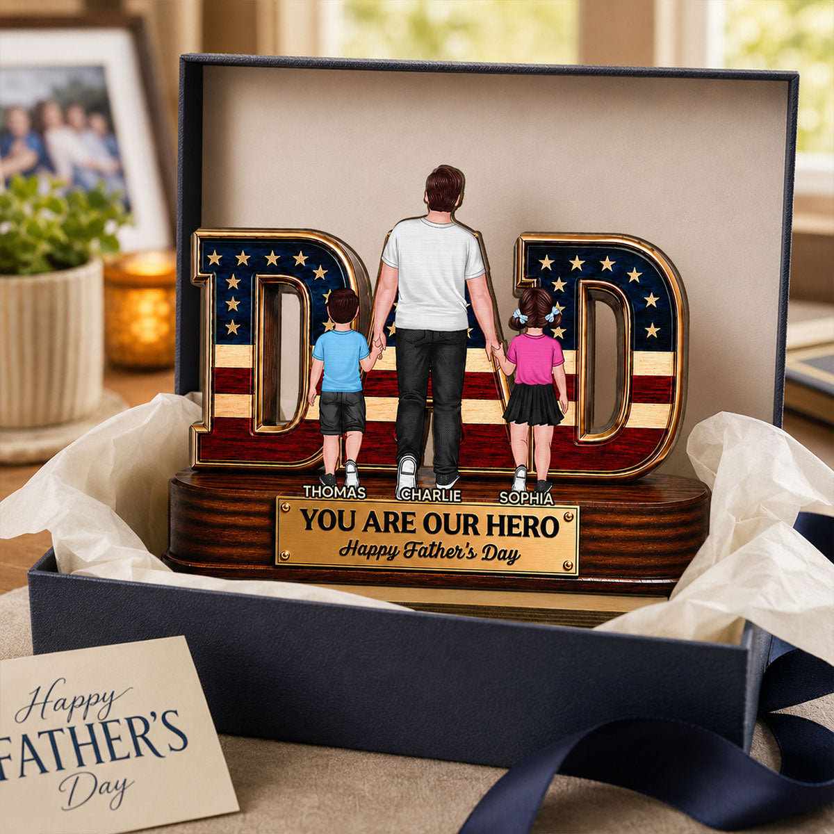 Nation Flag Dad And Kids You Are Our Hero - Personalized 2-Layered Wooden Plaque - Father's Day Gift For Dad, Husband