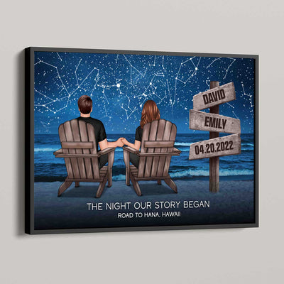 Custom Constellation Star Map Romantic Beach Landscape Couple Sitting Holding Hands Sign Posts Personalized Poster, Heartfelt 2025 Gift For Couple, For Him, For Her, Boyfriend, Girlfriend, Husband, Wifed, Wife