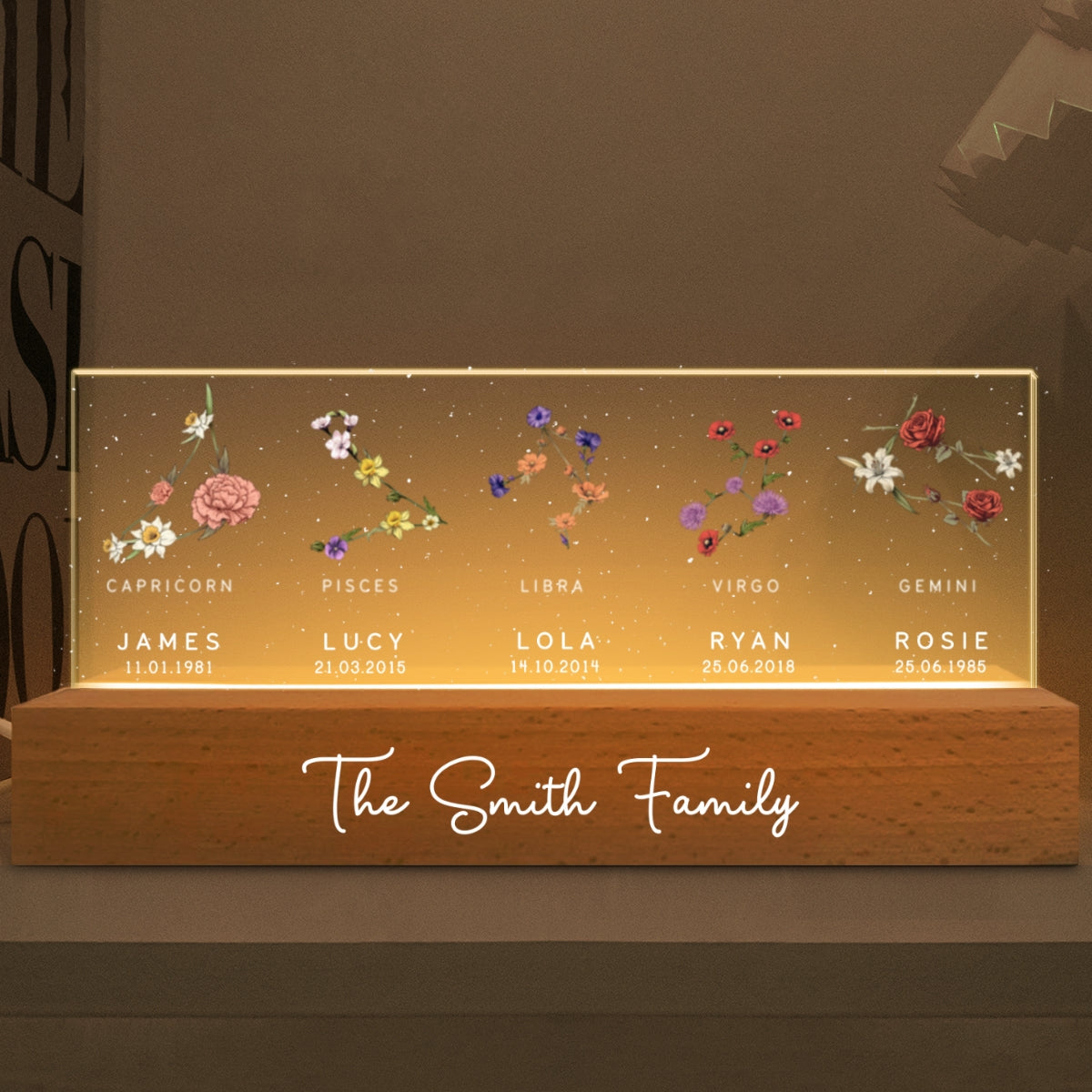 Family Zodiac Sign Birth Month Flowers Personalized Acrylic LED Night Light