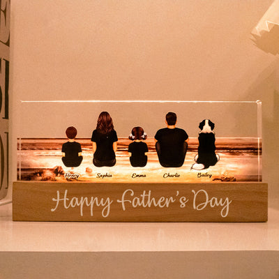 Family Sitting Retro Vintage Beach Landscape - Personalized Acrylic Block Plaque LED Night Light - Gift For Dad, Gift For Husband, Gift For Grandpa